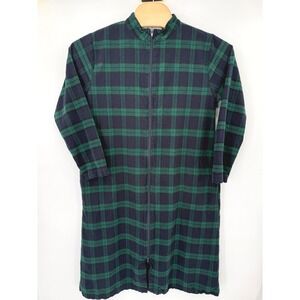 Vermont Country Store Nightshirt Men M Green Black Watch Plaid Flannel Zip Robe